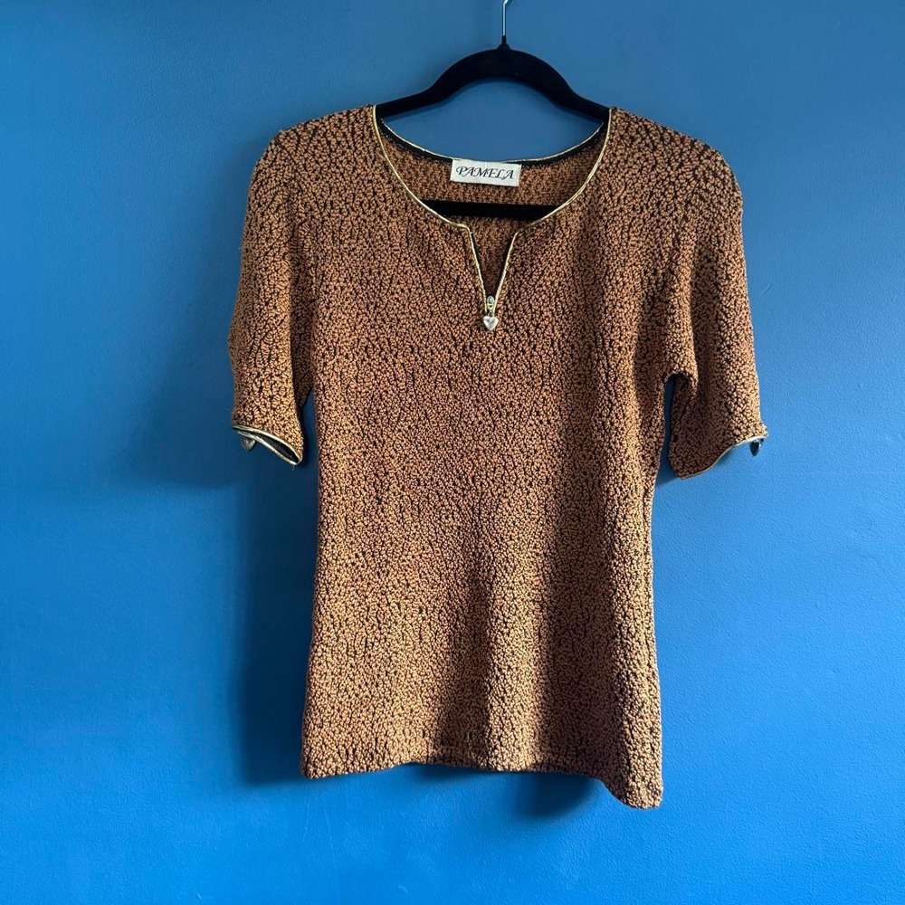 Y2k Gold Zip Blouse Women's Size Small Pamela Brown Heart Stretch Retro Club